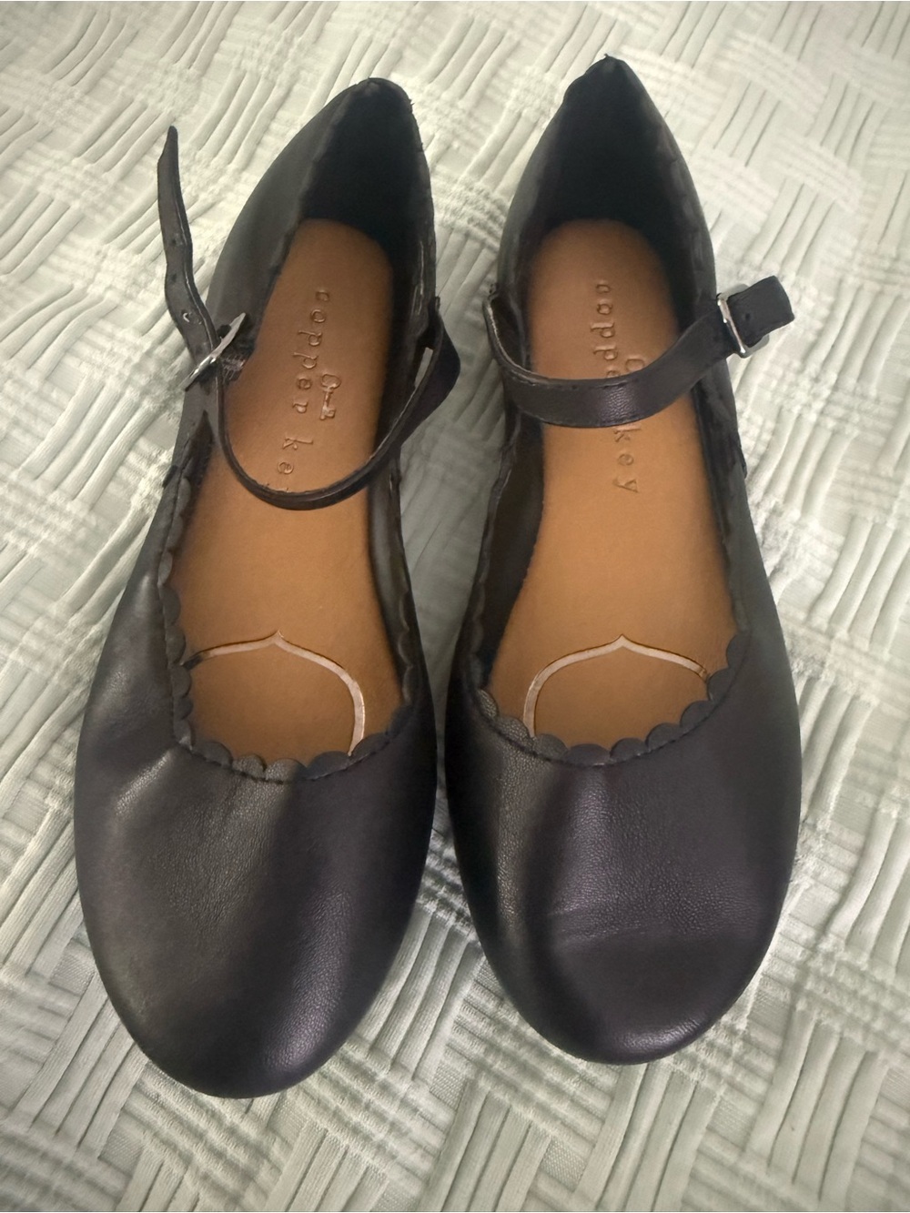 Copper Key Black Mary Jane Scalloped Strap Dress Shoes for Kids